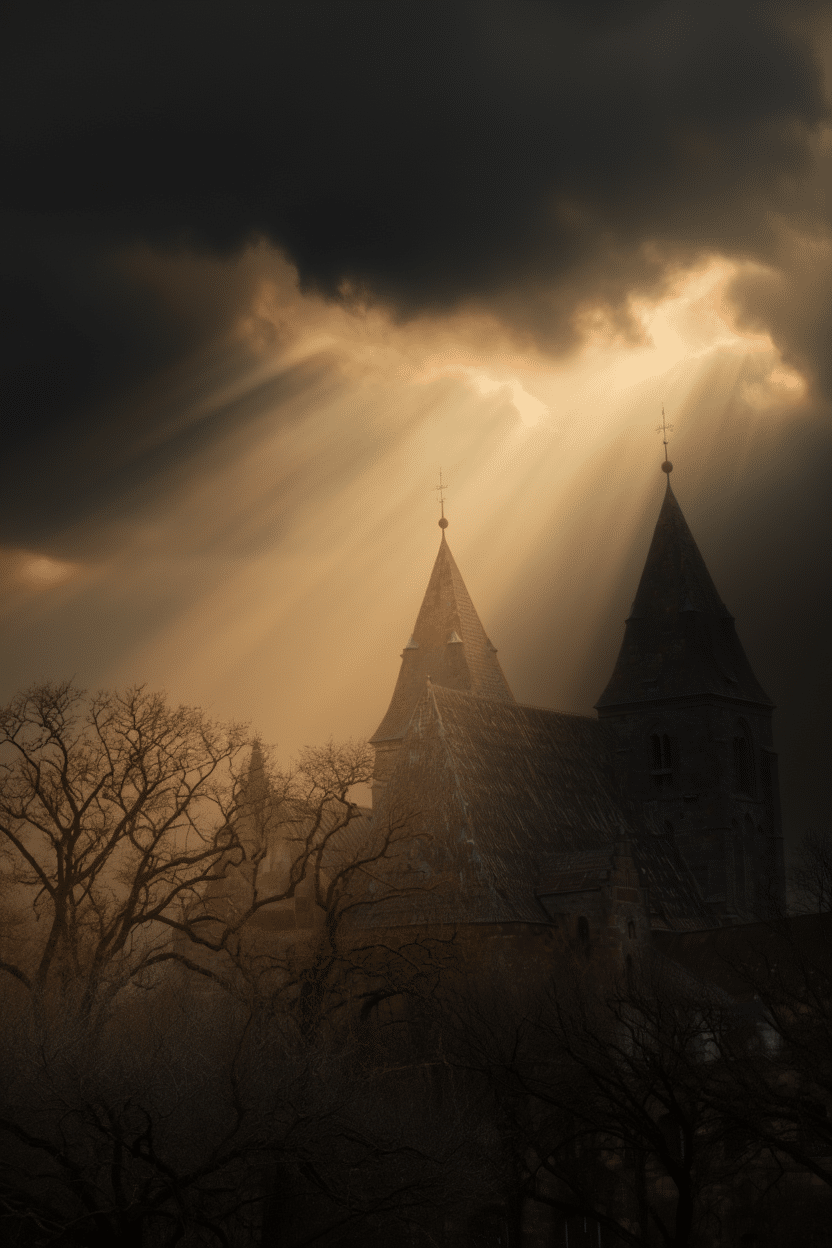 Karfreitagshimmel über Kirche, KI Generiert über reve.art